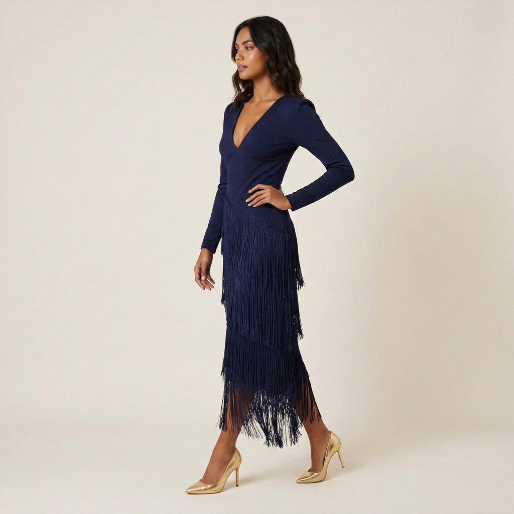 Vestido Midi de Flecos Escalonados Manga Larga para Mujer