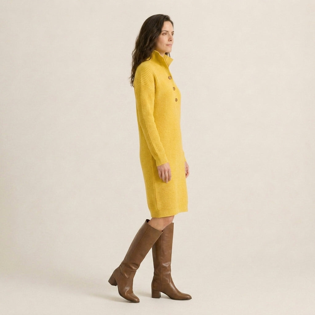 Vestido de Punto Canalé con Cuello Alto y Botones para Mujer