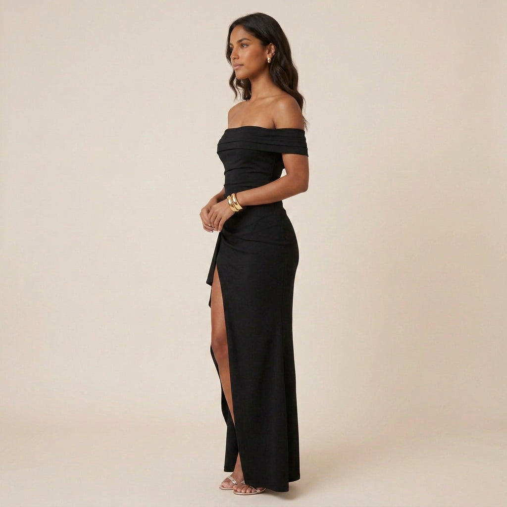 Vestido de Fiesta Largo Hombro Descubierto con Abertura para Mujer