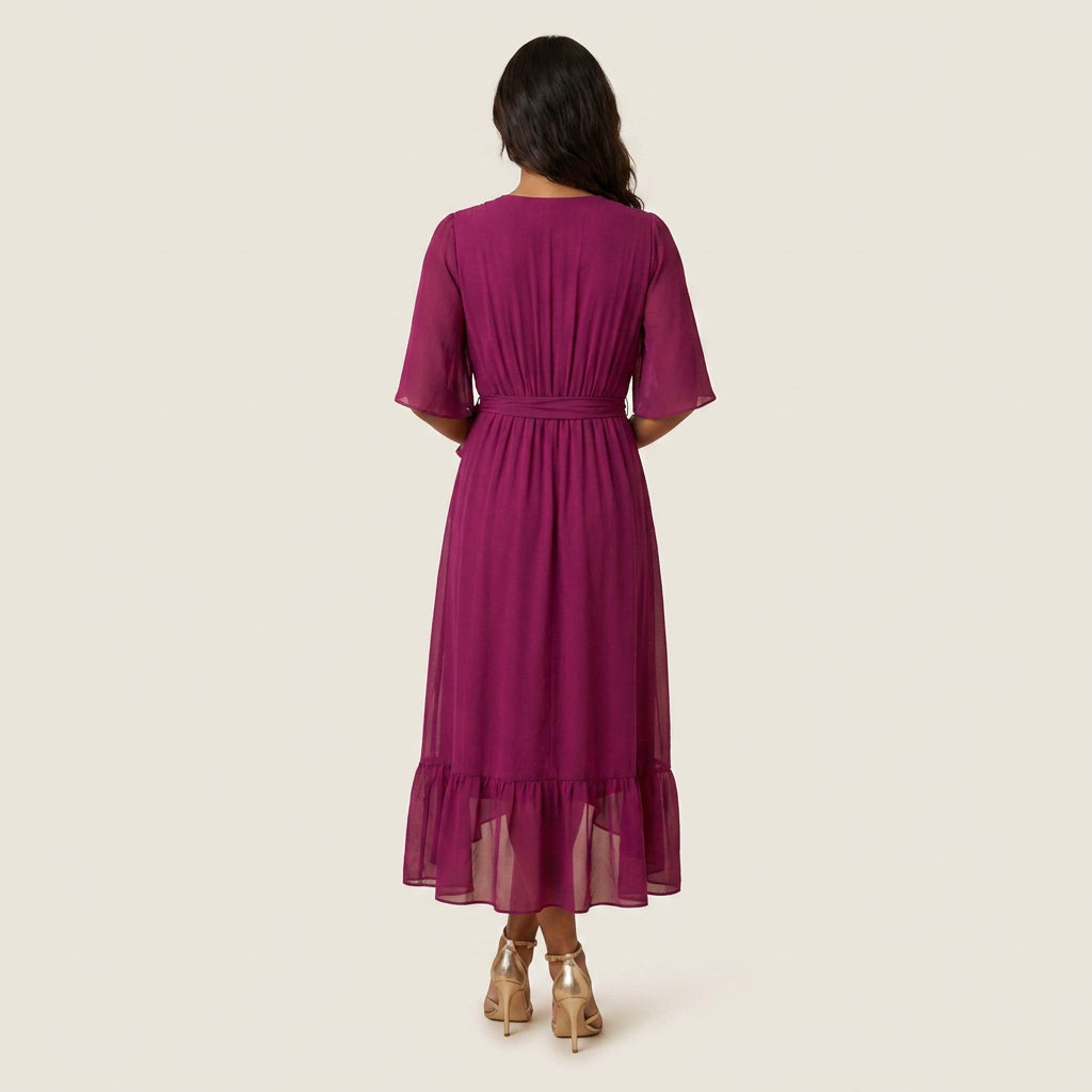 Vestido Midi Cruzado Efecto Gasa con Volante para Mujer