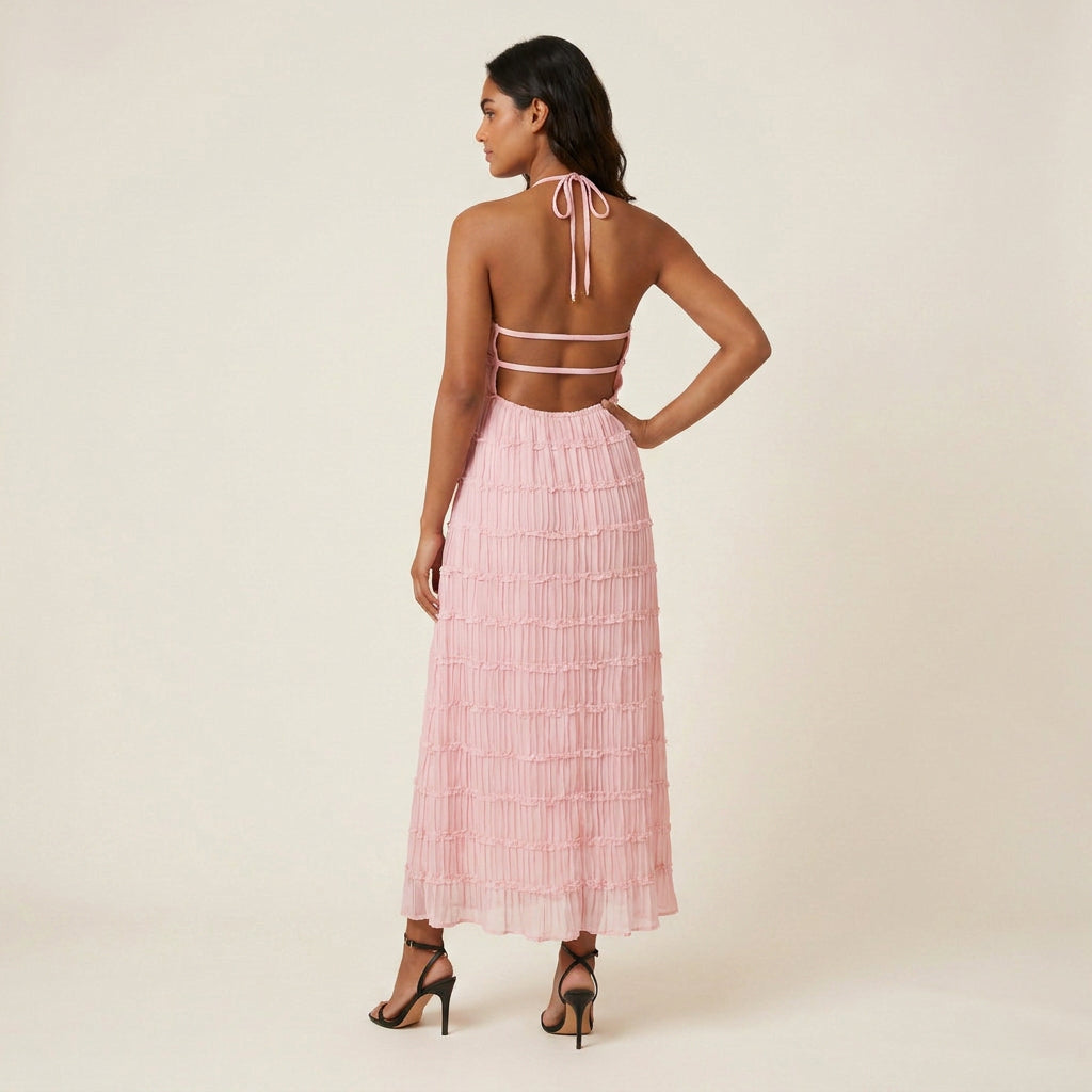 Vestido Midi Efecto Gasa con Cuello Halter para Mujer