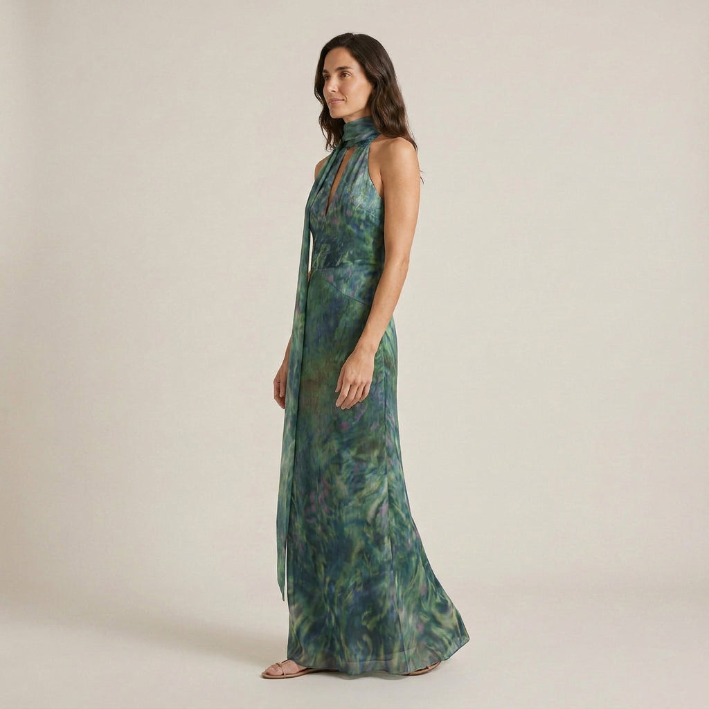 Vestido Fiesta Cuello Halter Foulard Largo para Mujer