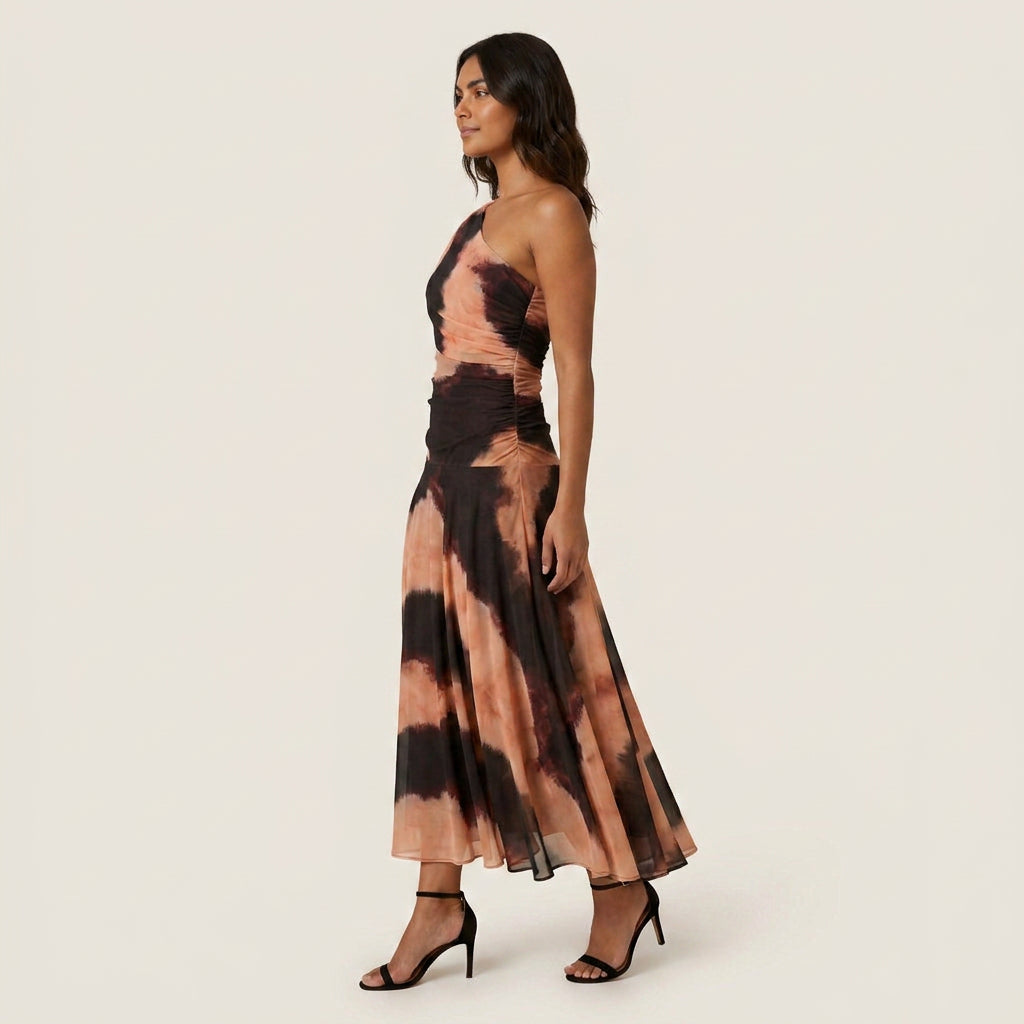Vestido Midi Efecto Gasa un Solo Hombro para Mujer