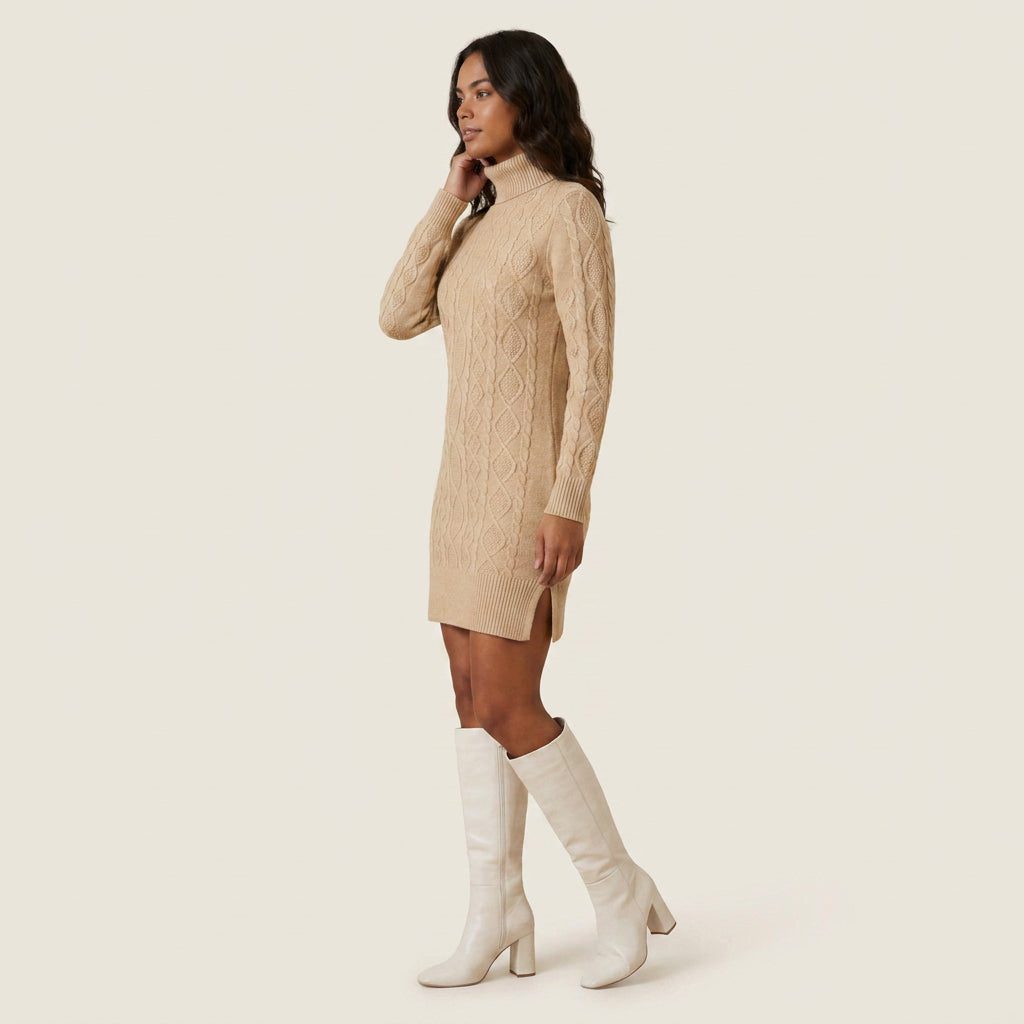Vestido Corto de Punto Trenzado Cuello Vuelto para Mujer