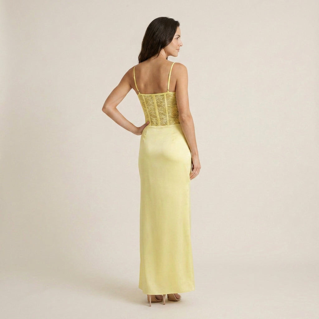Vestido Largo Satinado con Encaje para Mujer