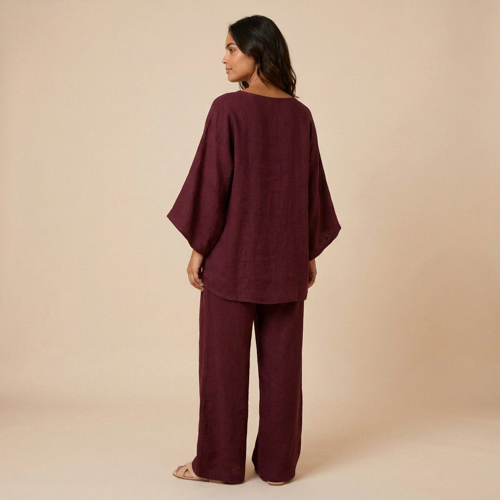 Conjunto de Lino con Blusa Asimétrica y Pantalón Ancho para Mujer