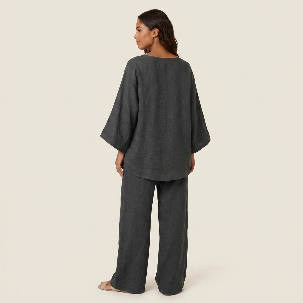 Conjunto de Lino con Blusa Asimétrica y Pantalón Ancho para Mujer