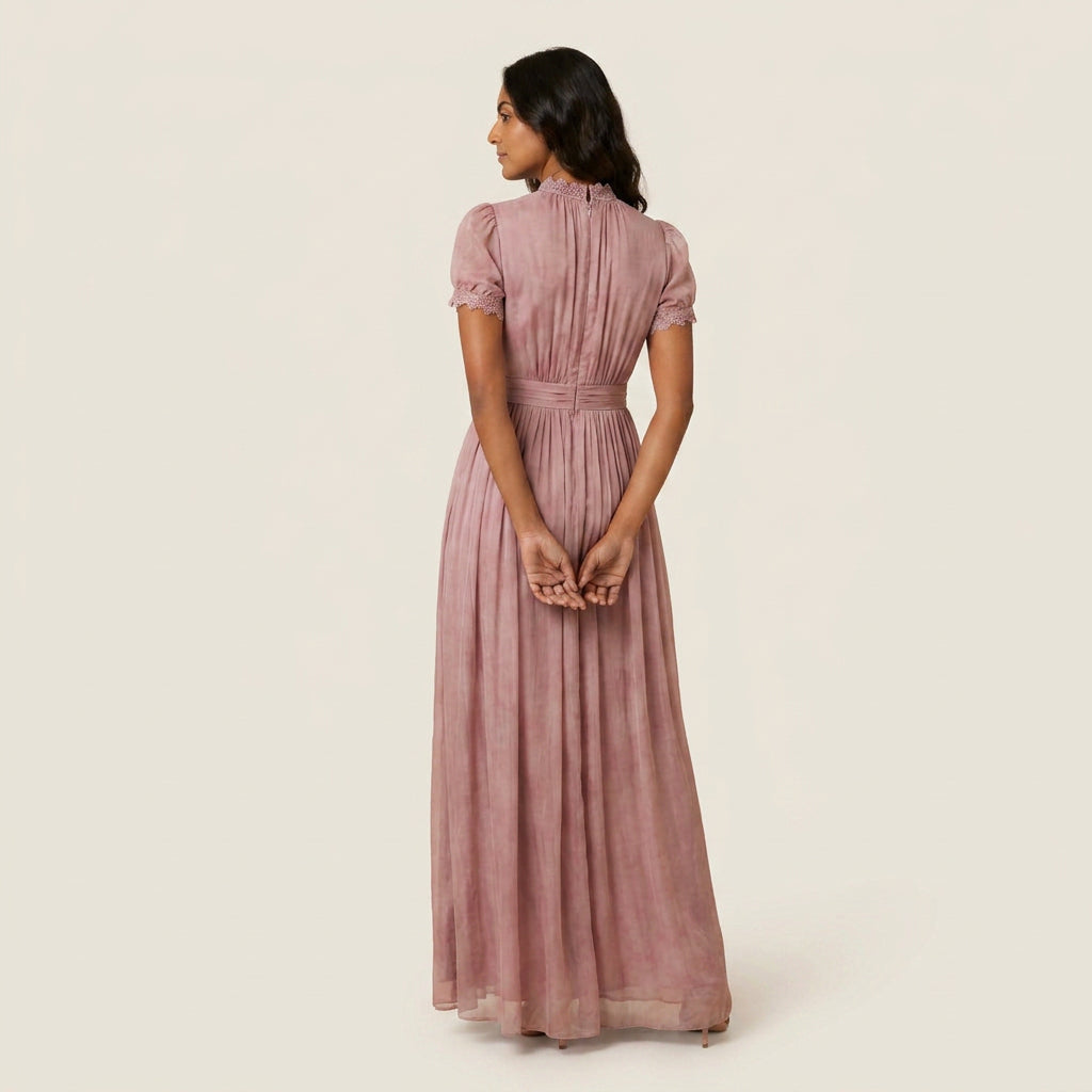 Vestido Largo Efecto Gasa con Encaje para Mujer