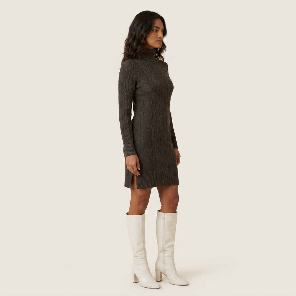 Vestido Corto de Punto Trenzado Cuello Vuelto para Mujer