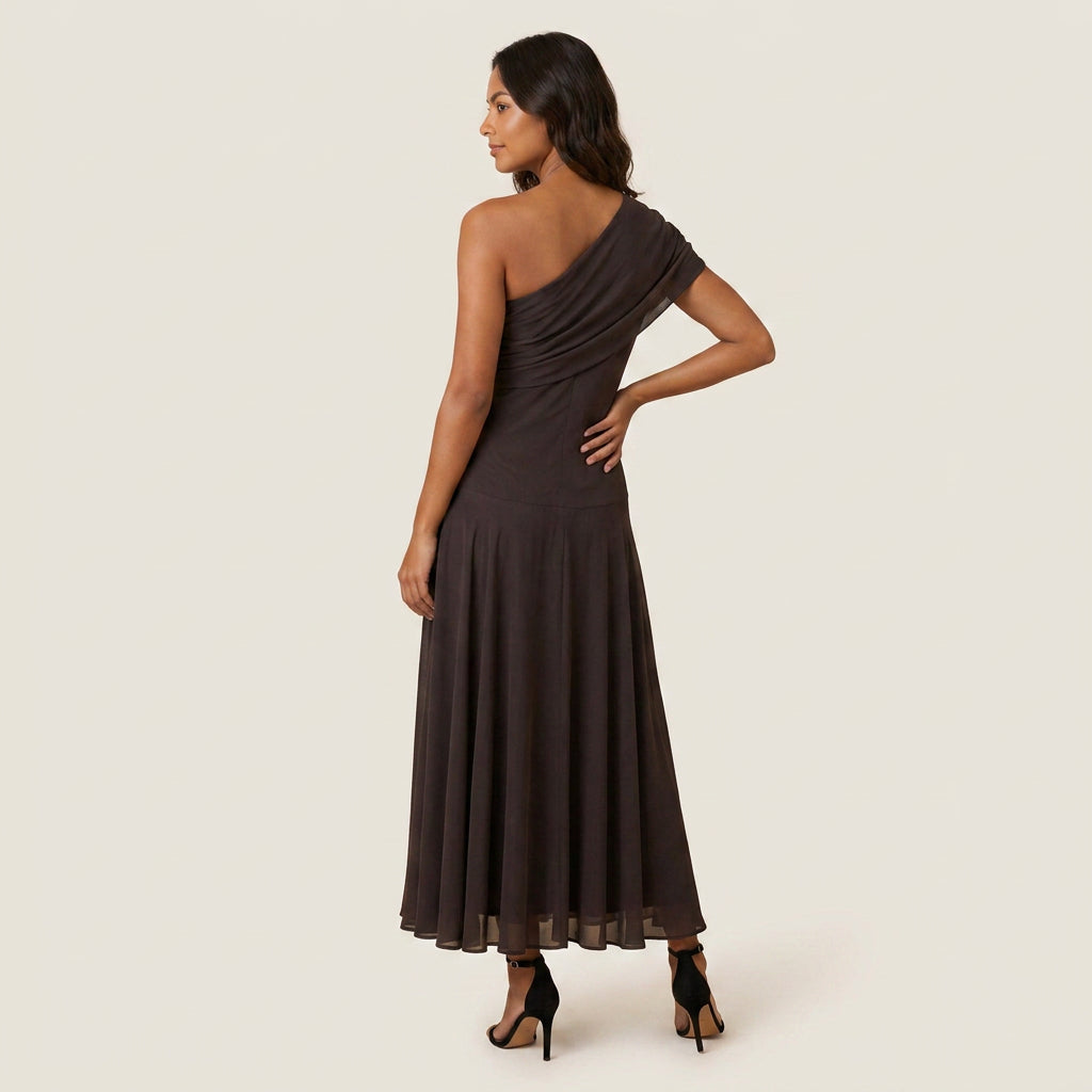 Vestido Midi Efecto Gasa un Solo Hombro para Mujer