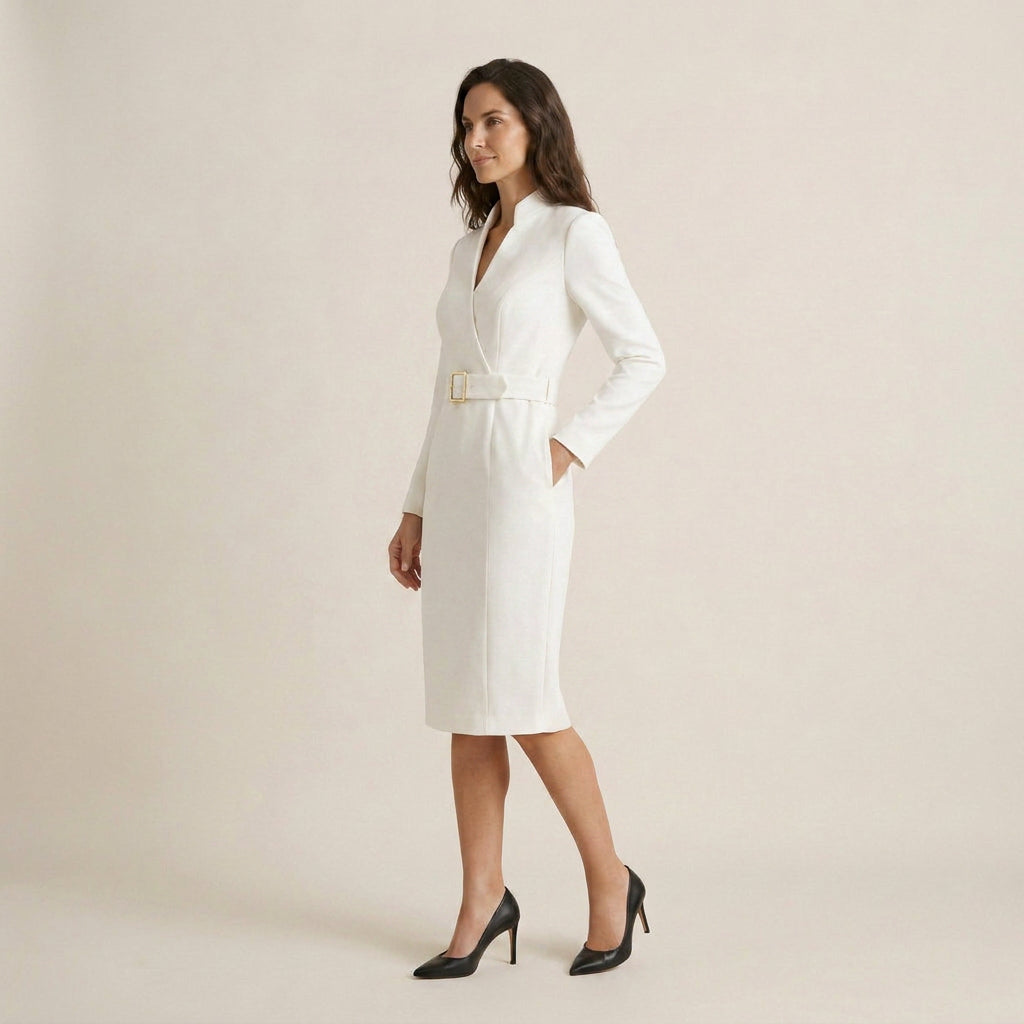 Vestido Midi Cuello Alto Cinturón Hebilla para Mujer