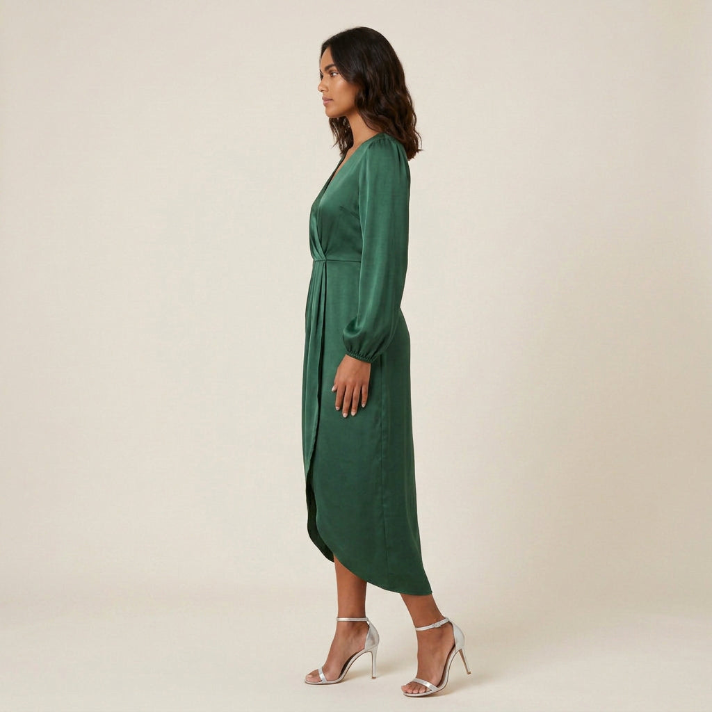 Vestido Midi Efecto Satén Cruzado con Drapeado para Mujer