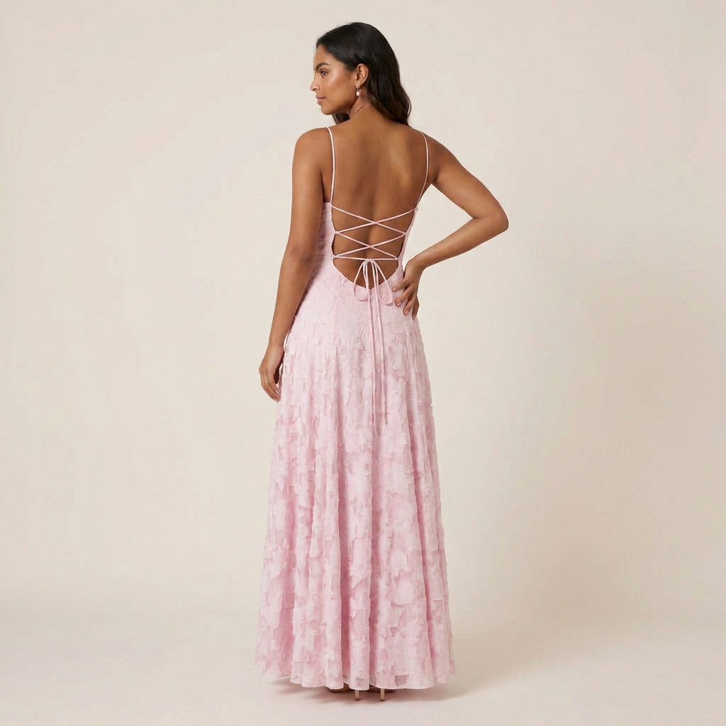Vestido de Fiesta Largo Jacquard Floral con Tirantes para Mujer