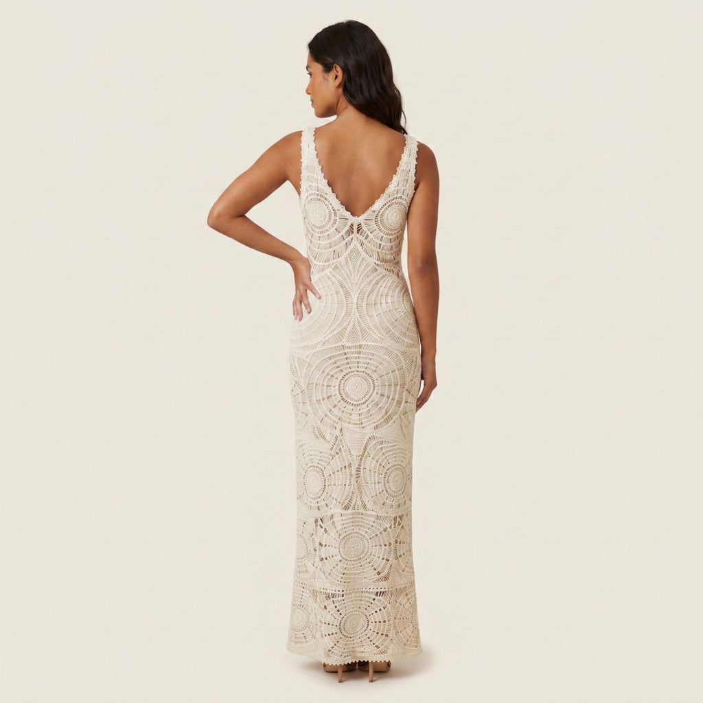 Vestido Midi de Encaje Calado con Motivo Geométrico para Mujer