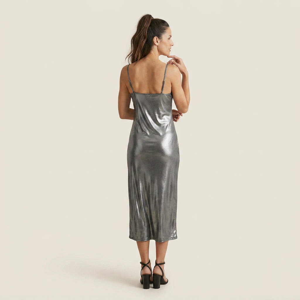 Vestido Midi Metálico Tirantes Finos Corte Slip para Mujer