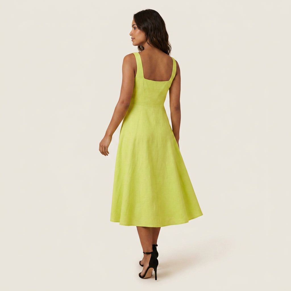 Vestido Midi Escote Cuadrado Falda Vuelo para Mujer