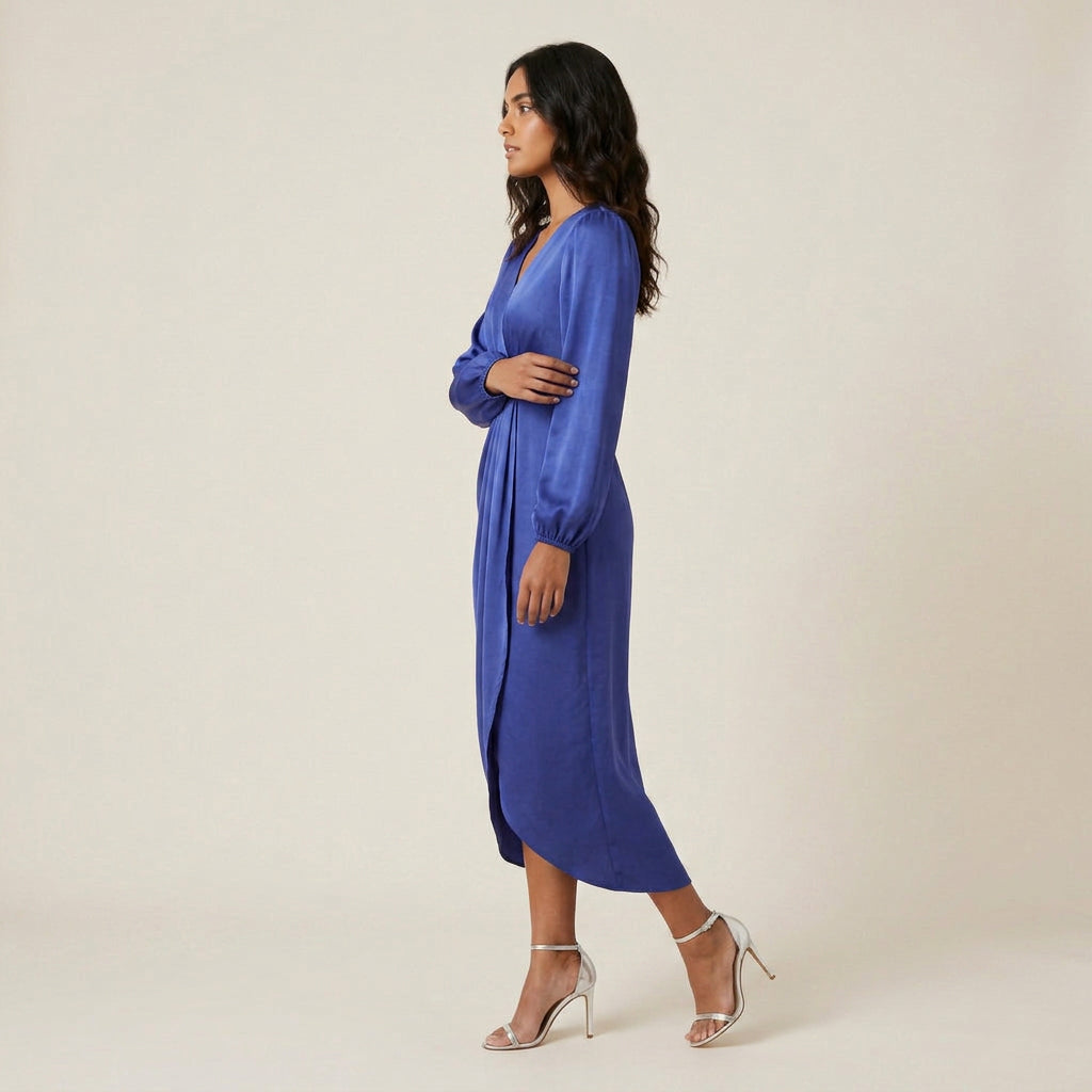 Vestido Midi Efecto Satén Cruzado con Drapeado para Mujer