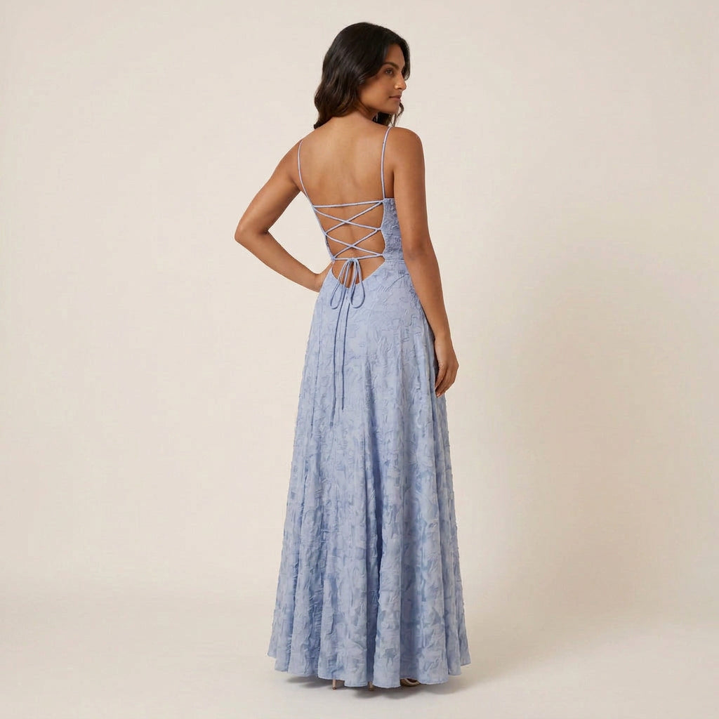 Vestido de Fiesta Largo Jacquard Floral con Tirantes para Mujer