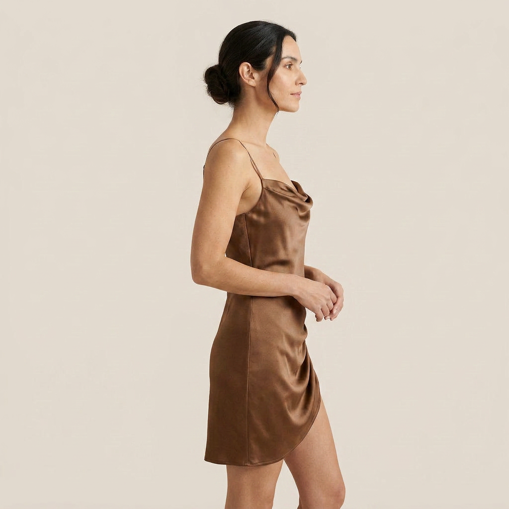Vestido Mini Satén Cuello Cascada Fruncido Lateral para Mujer