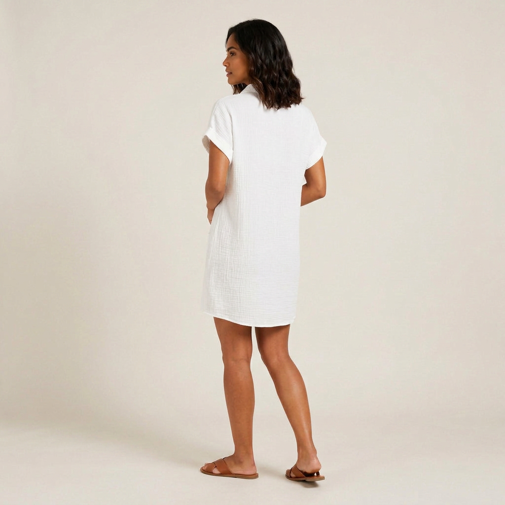 Vestido Camisero Muselina Botones Madera Bolsillos para Mujer