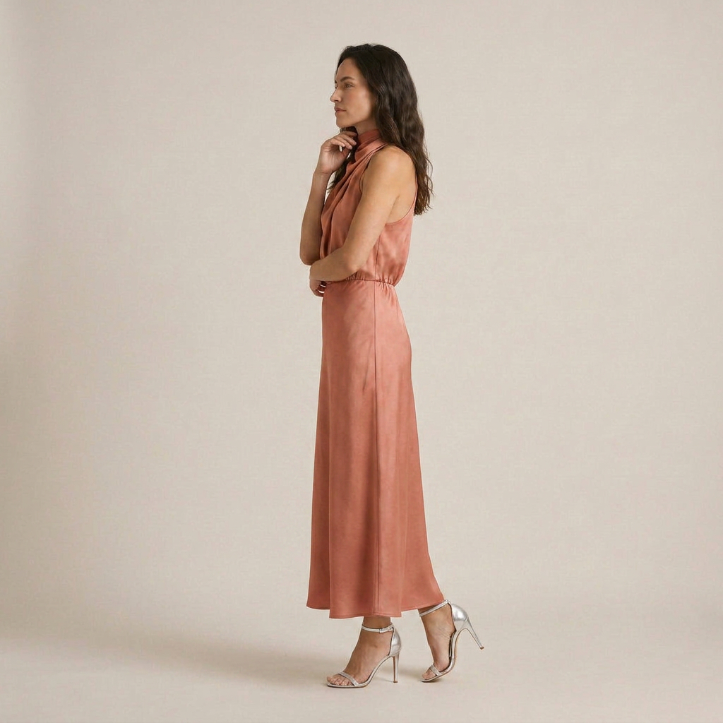 Vestido Midi Cuello Alto Drapeado Halter para Mujer