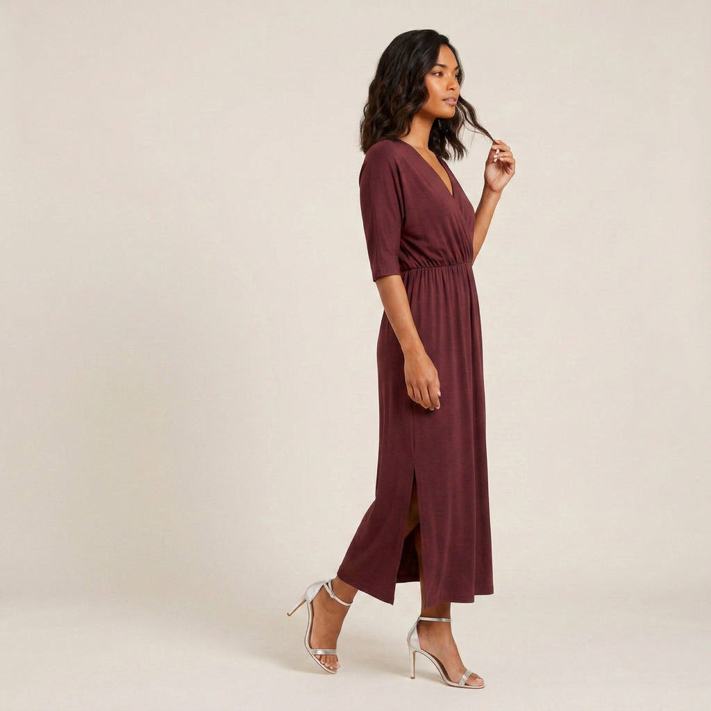 Vestido Largo Escote Cruzado Cintura Fruncida para Mujer