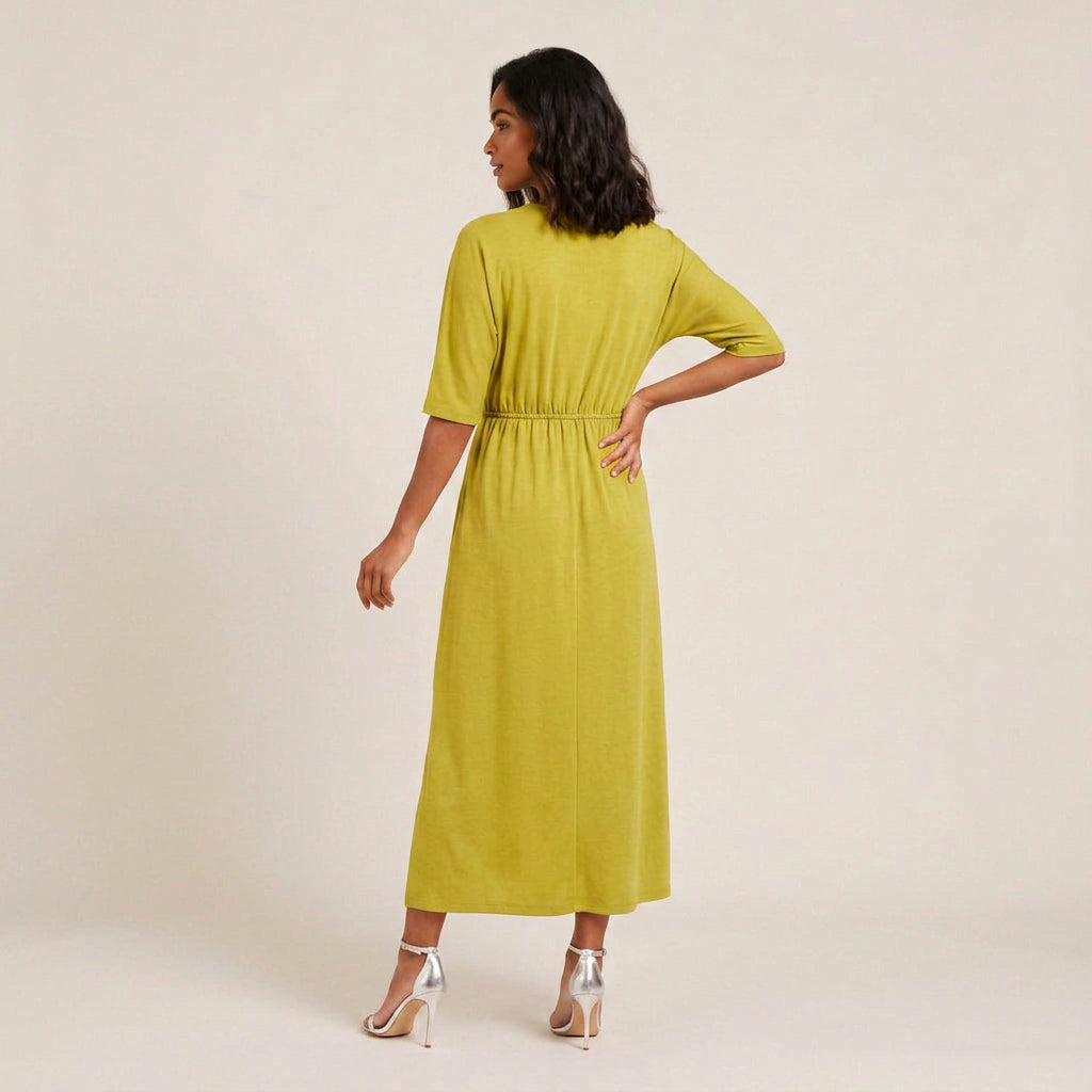 Vestido Largo Escote Cruzado Cintura Fruncida para Mujer