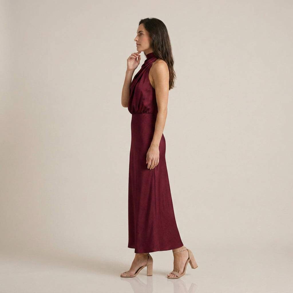 Vestido Midi Cuello Alto Drapeado Halter para Mujer