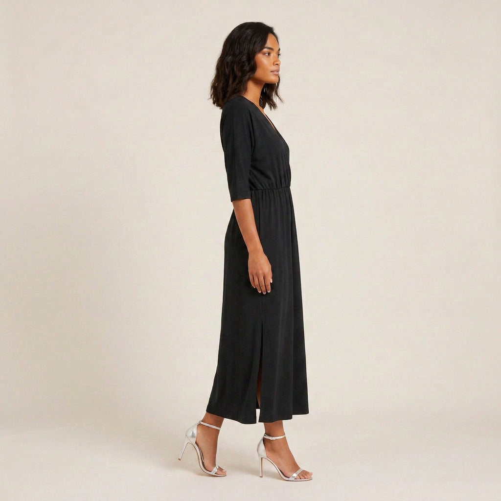 Vestido Largo Escote Cruzado Cintura Fruncida para Mujer