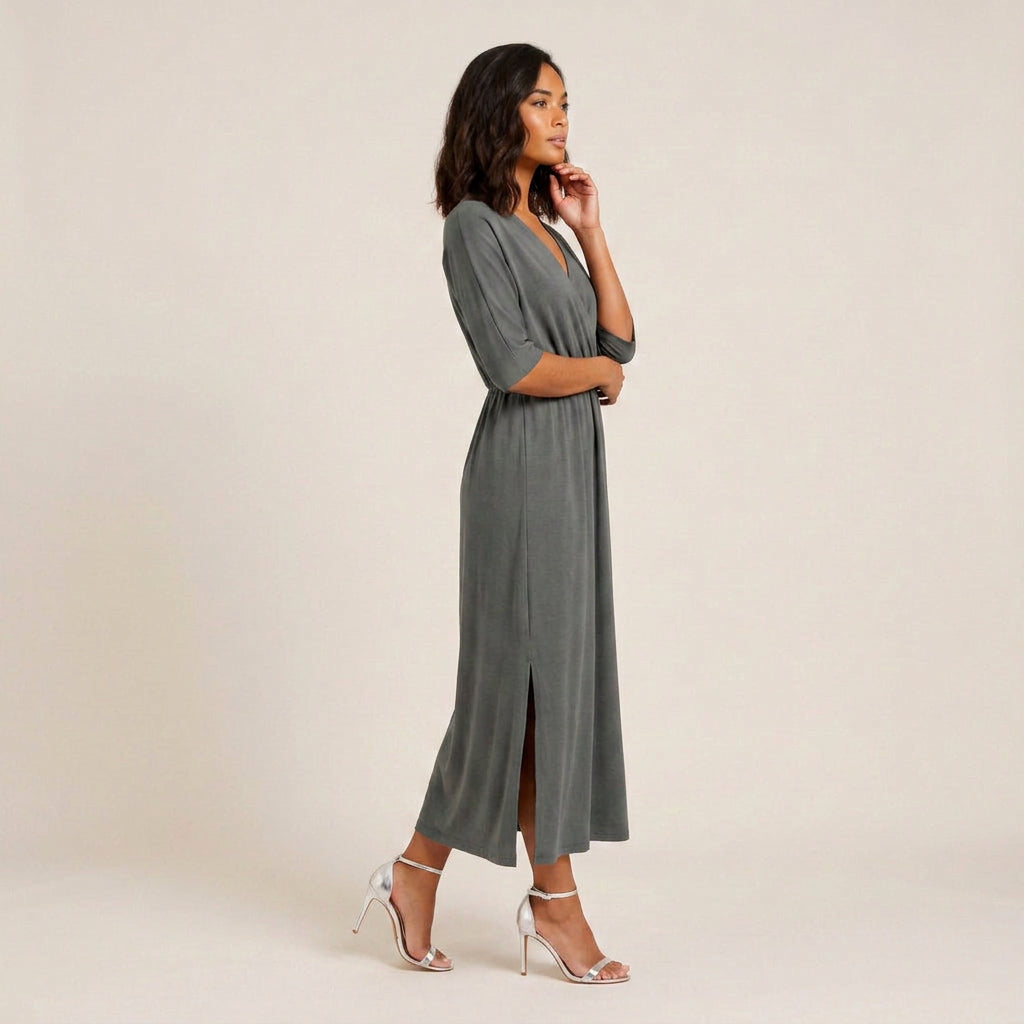Vestido Largo Escote Cruzado Cintura Fruncida para Mujer