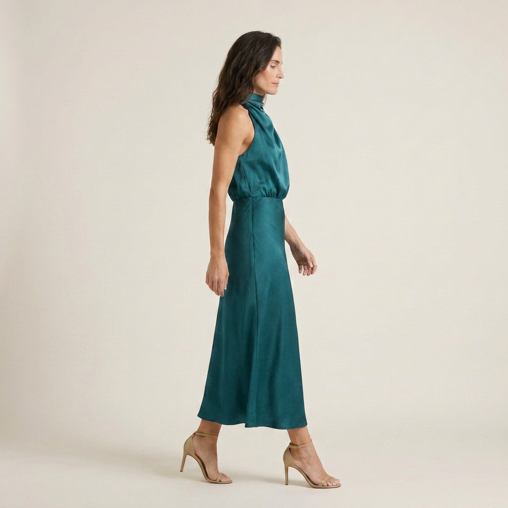 Vestido Midi Cuello Alto Drapeado Halter para Mujer