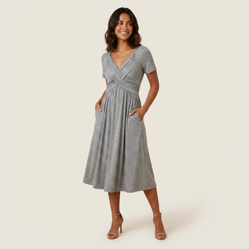 Vestido Midi Escote Trenzado Manga Corta para Mujer