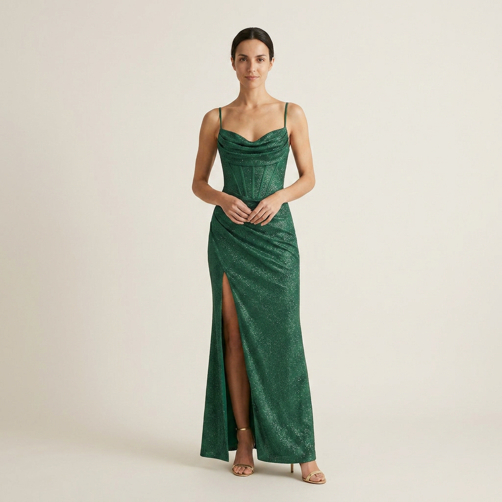 Vestido Maxi Glitter Corsé Cuello Cascada Abertura Lateral para Mujer