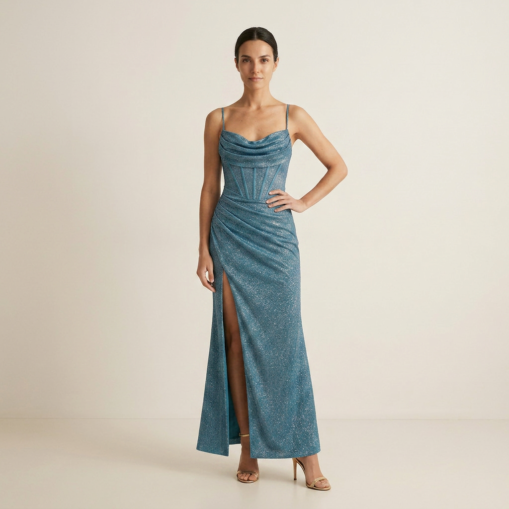 Vestido Maxi Glitter Corsé Cuello Cascada Abertura Lateral para Mujer