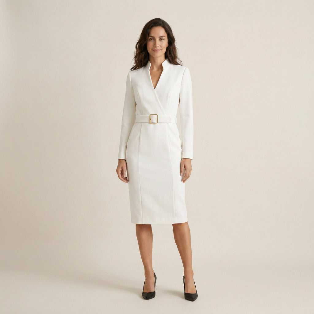 Vestido Midi Cuello Alto Cinturón Hebilla para Mujer
