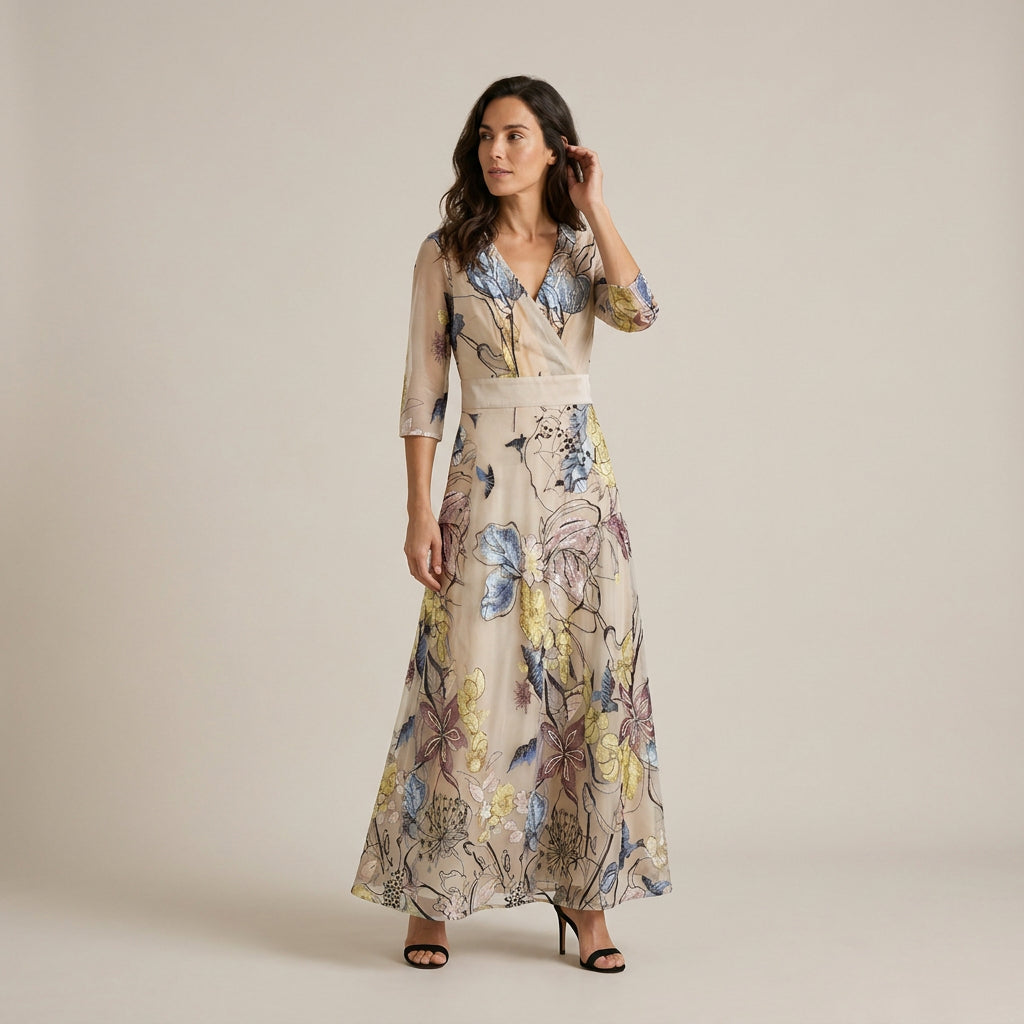 Vestido Fiesta Escote Cruzado Manga Francesa para Mujer