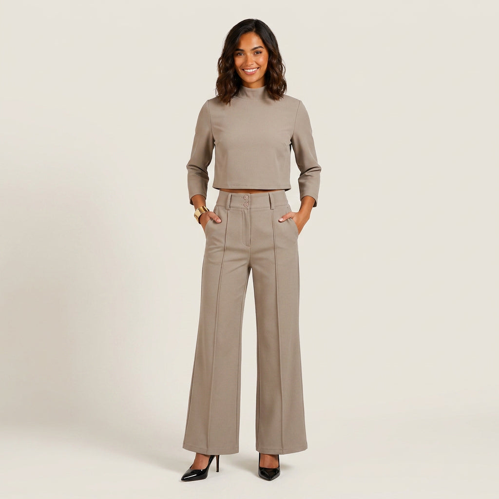 Conjunto Top Crop Cuello Alto Pantalón Recto para Mujer