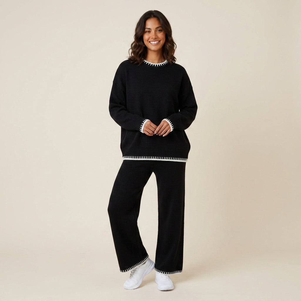 Conjunto de Punto Canalé con Detalle Contrastante para Mujer