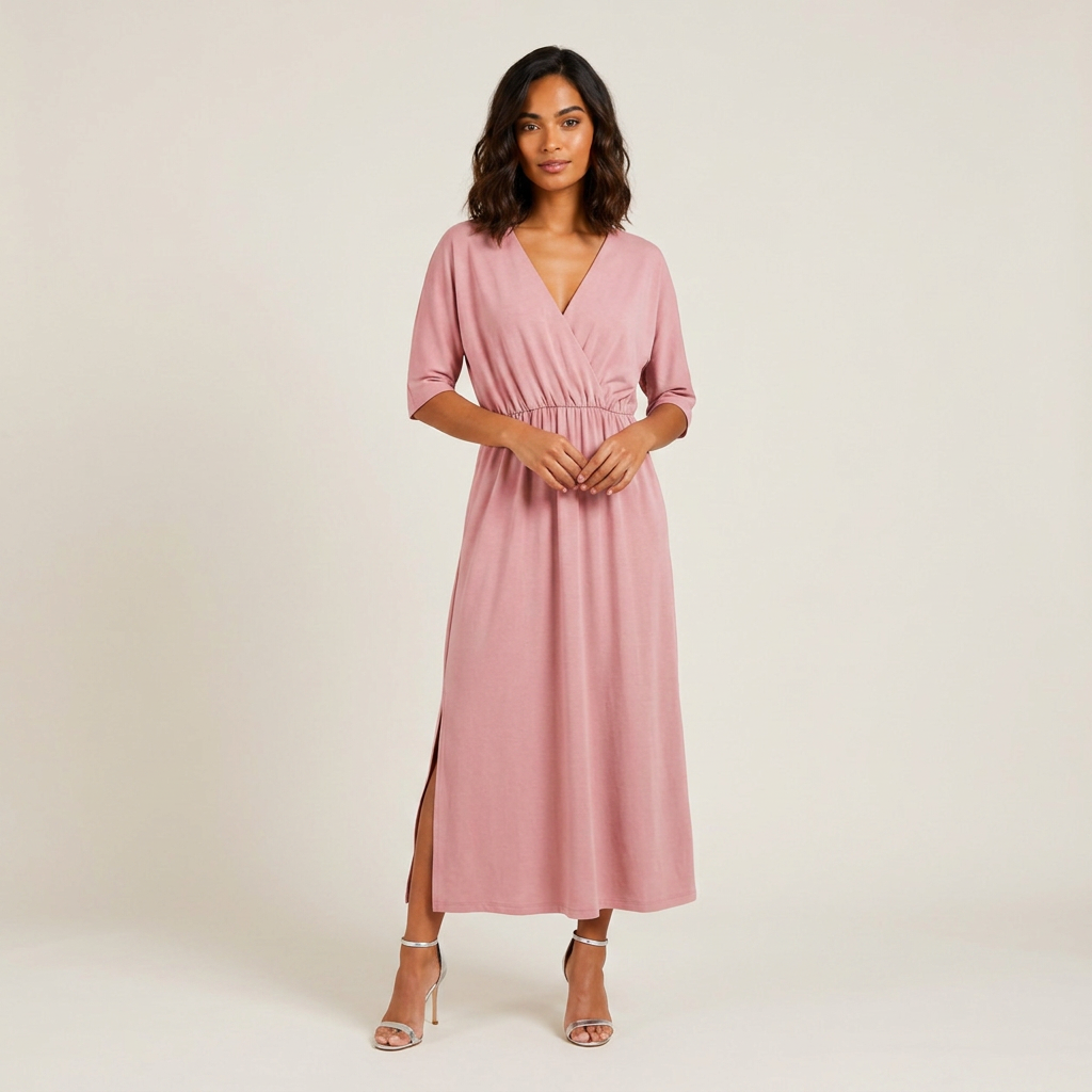 Vestido Largo Escote Cruzado Cintura Fruncida para Mujer