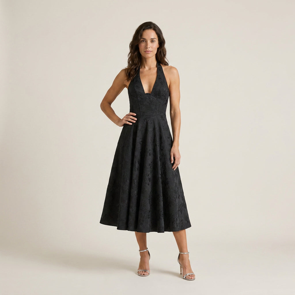 Vestido Fiesta Escote Halter Falda Vuelo para Mujer