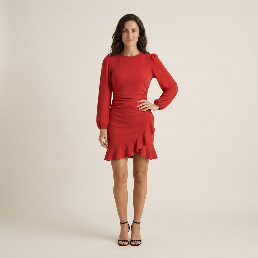 Vestido Corto Manga Abullonada Volante Asimétrico para Mujer