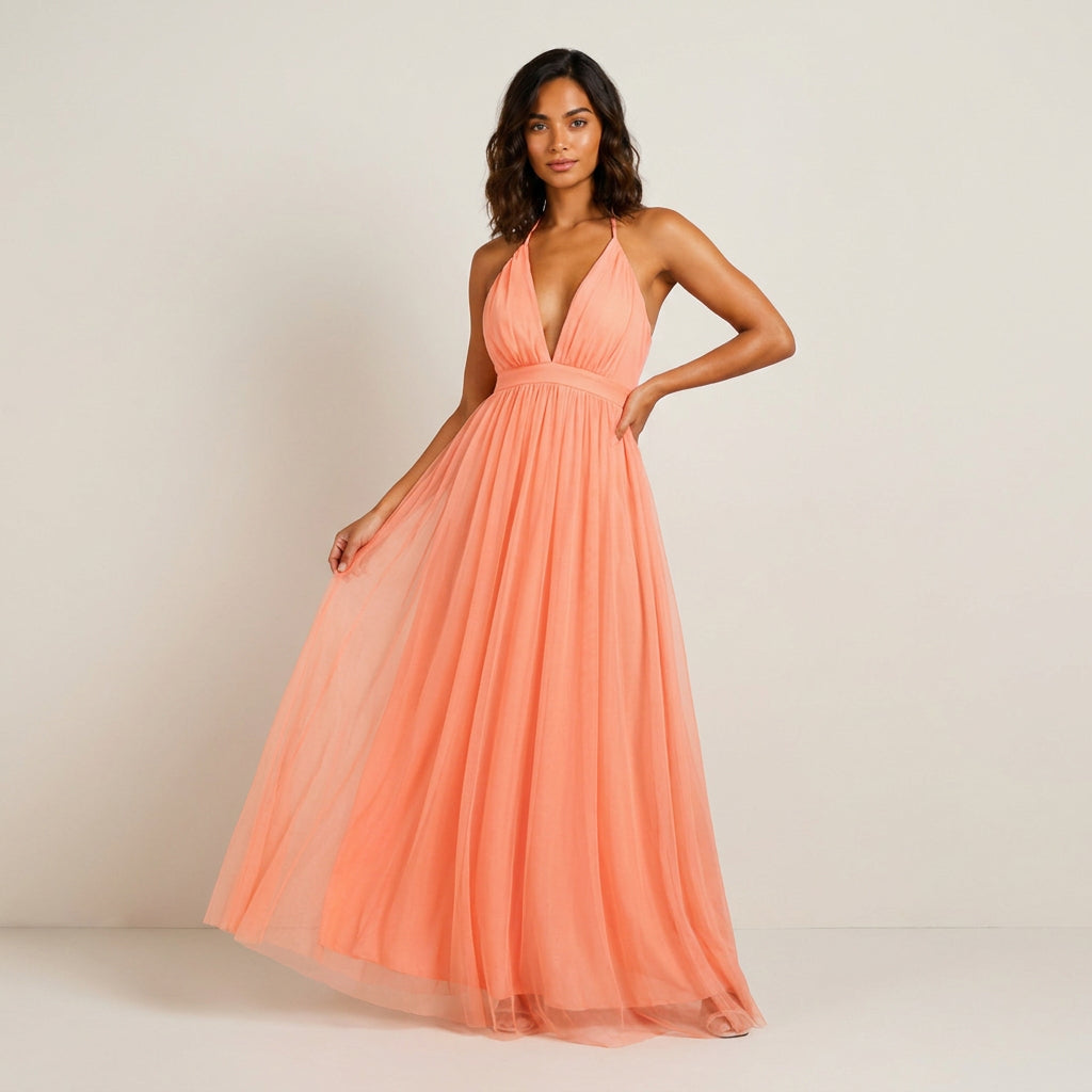 Vestido Fiesta Escote Halter Tul Vaporoso para Mujer