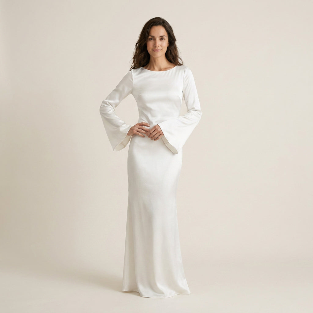 Vestido Largo Efecto Satén Manga Acampanada para Mujer