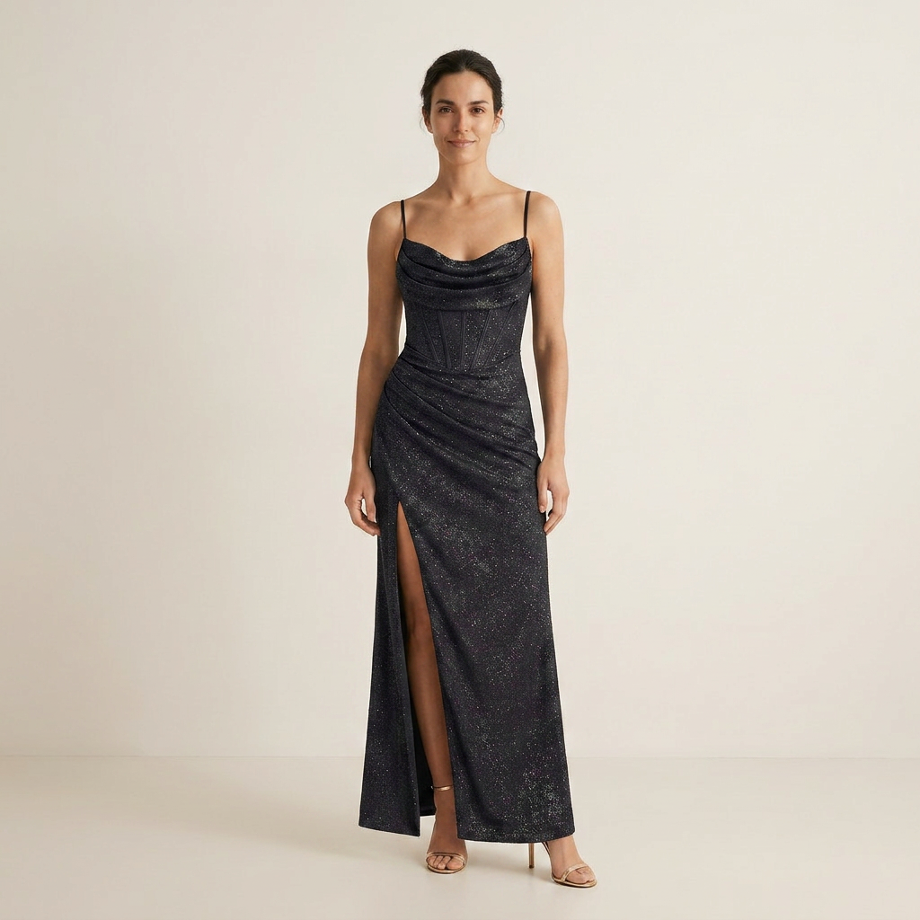 Vestido Maxi Glitter Corsé Cuello Cascada Abertura Lateral para Mujer