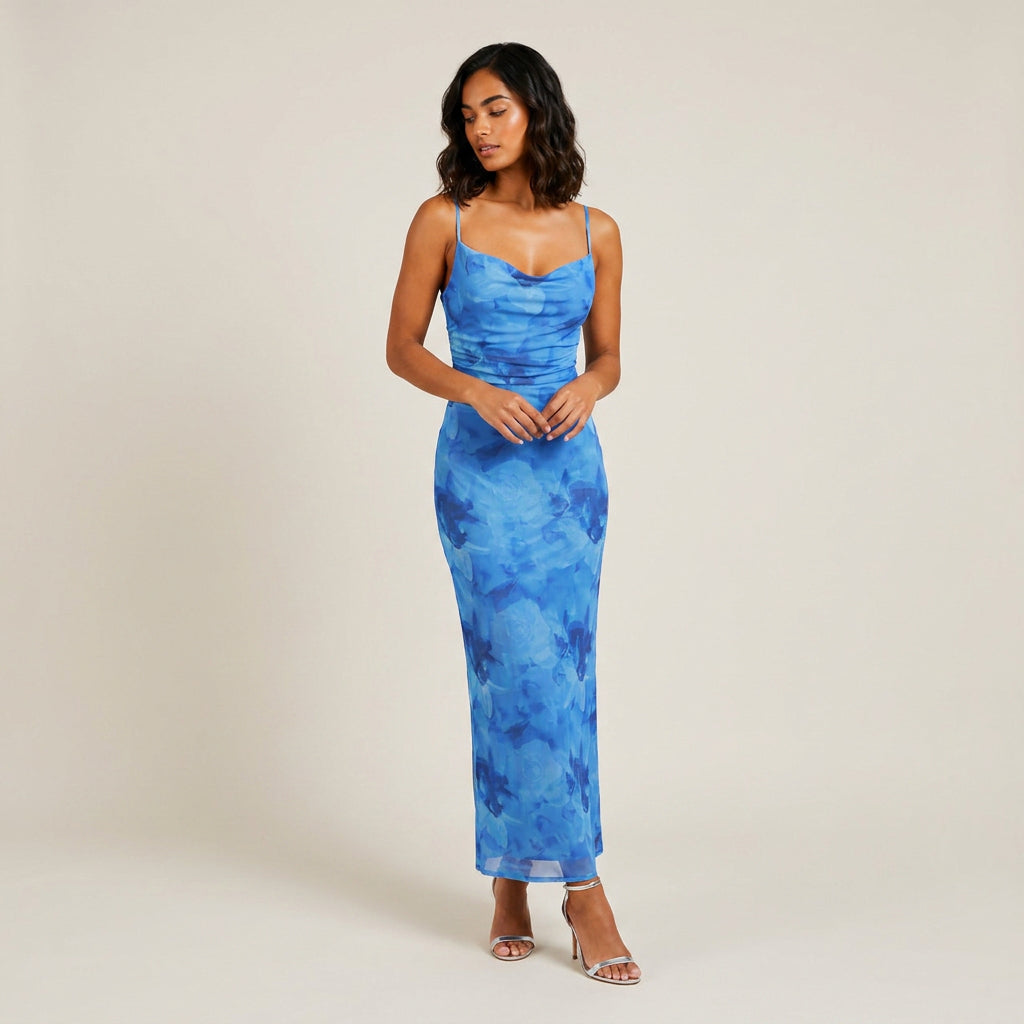 Vestido Largo Estampado Floral Escote Drapeado para Mujer