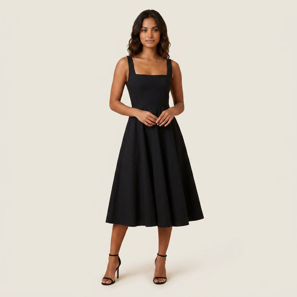 Vestido Midi Escote Cuadrado Falda Vuelo para Mujer