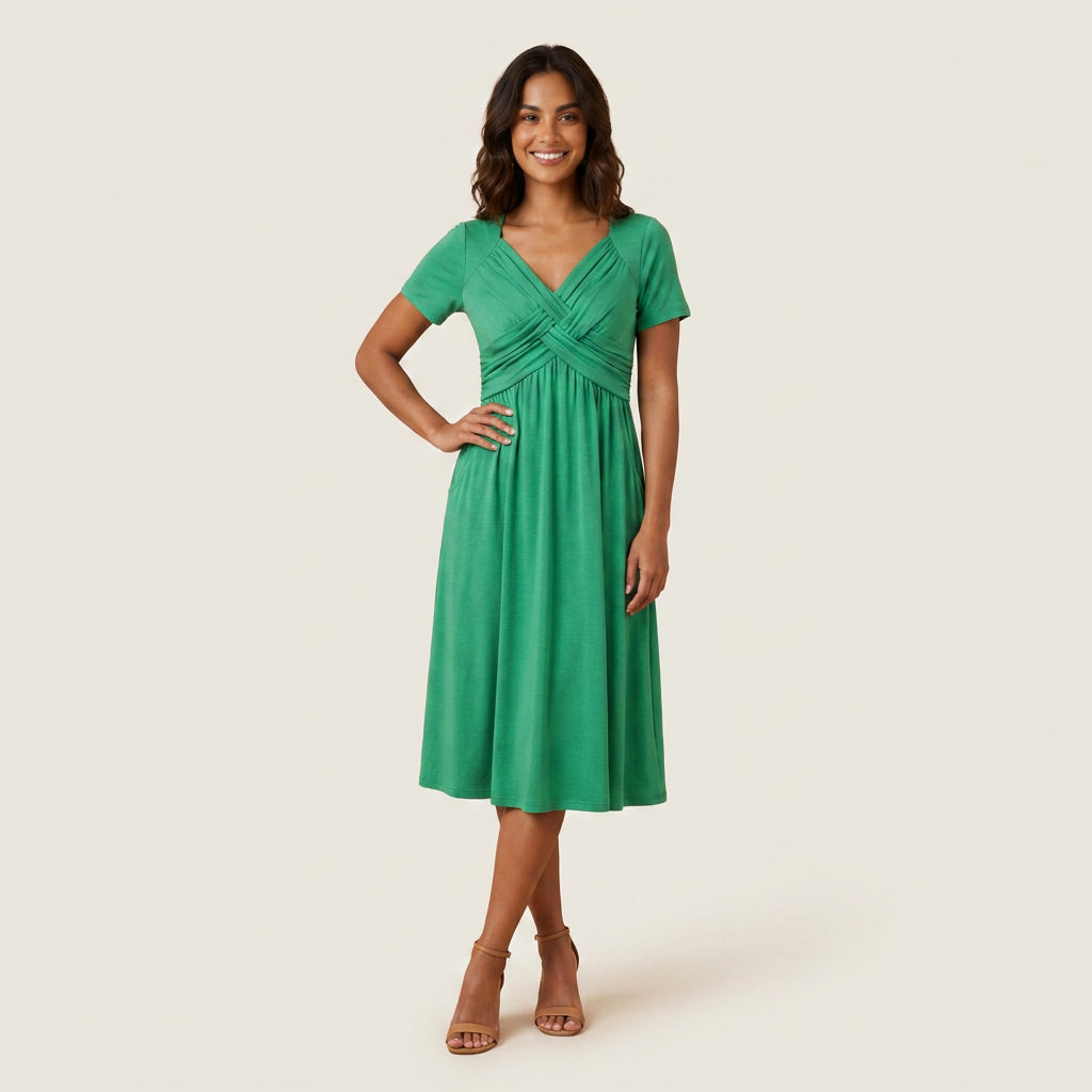 Vestido Midi Escote Trenzado Manga Corta para Mujer