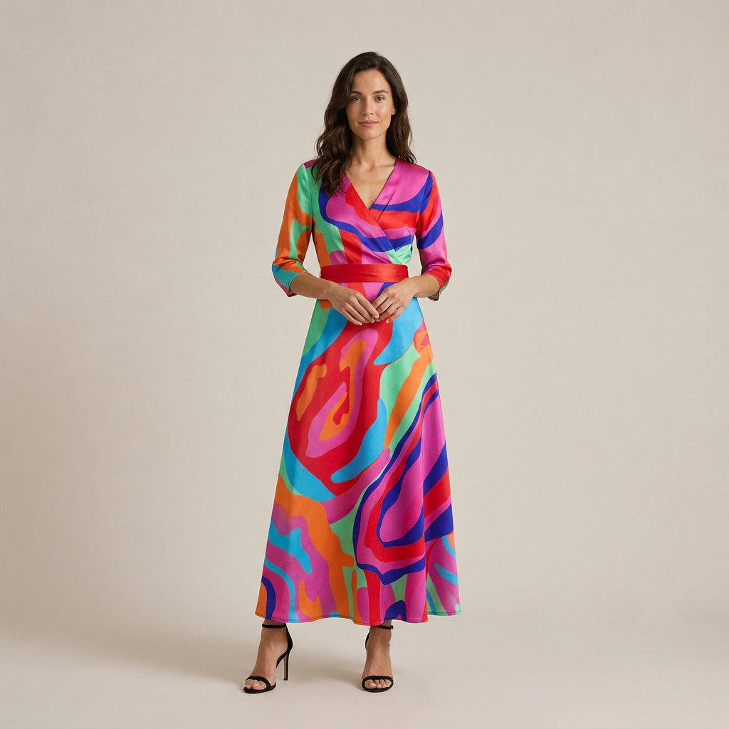 Vestido Fiesta Escote Cruzado Manga Francesa para Mujer