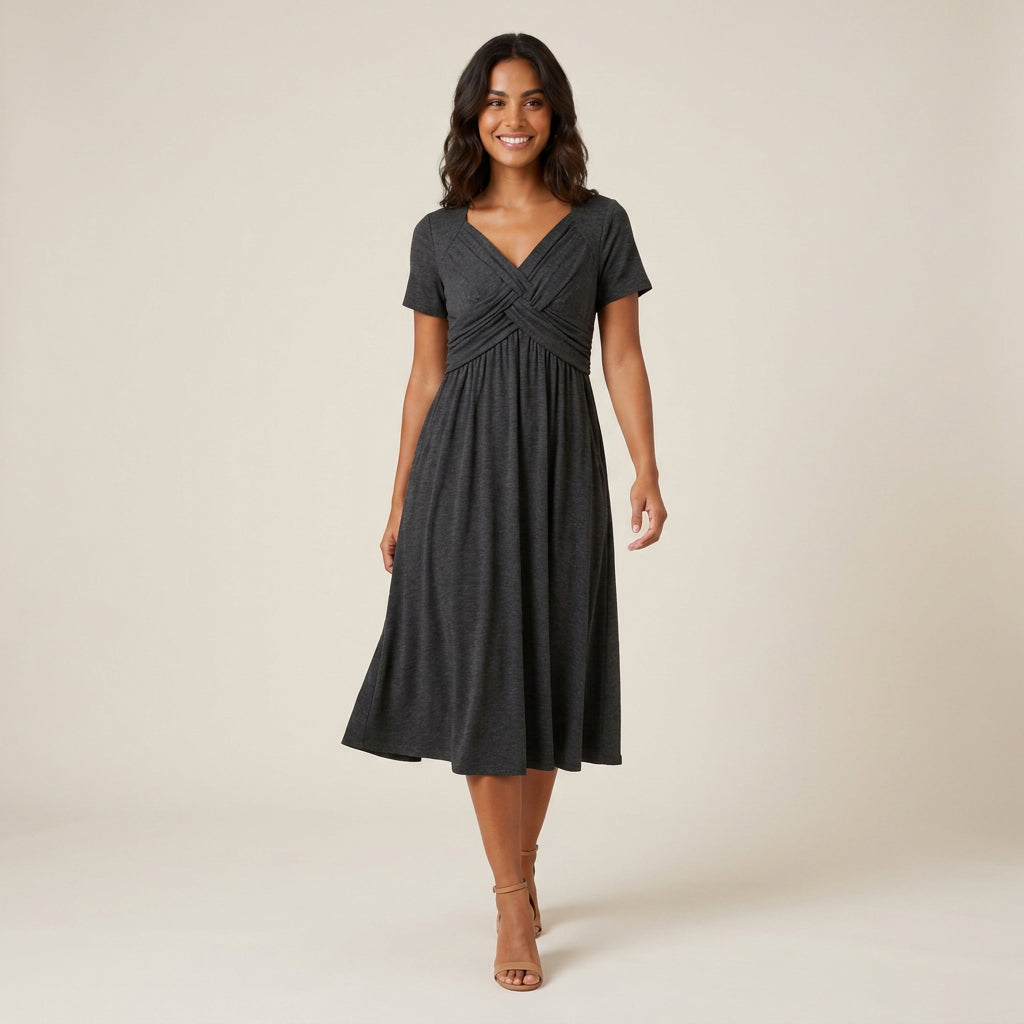 Vestido Midi Escote Trenzado Manga Corta para Mujer