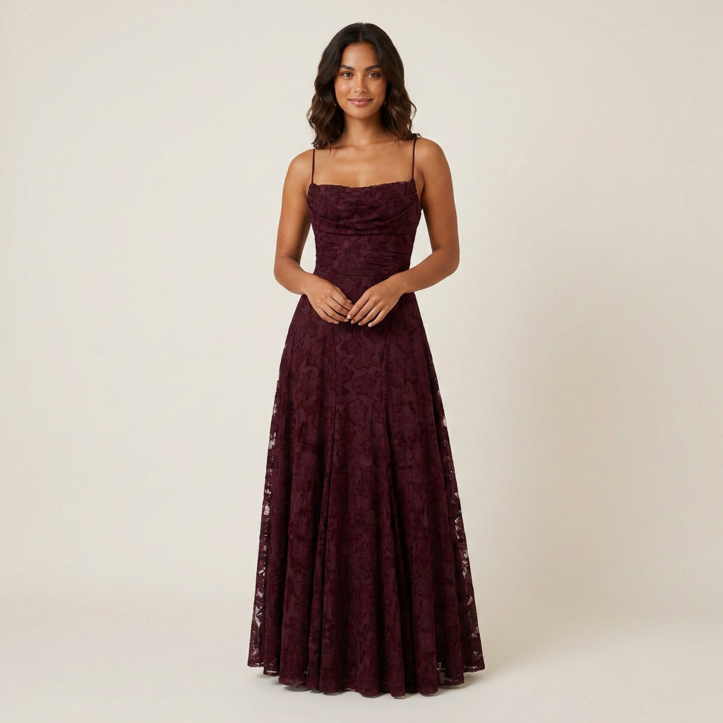 Vestido de Fiesta Largo Jacquard Floral con Tirantes para Mujer
